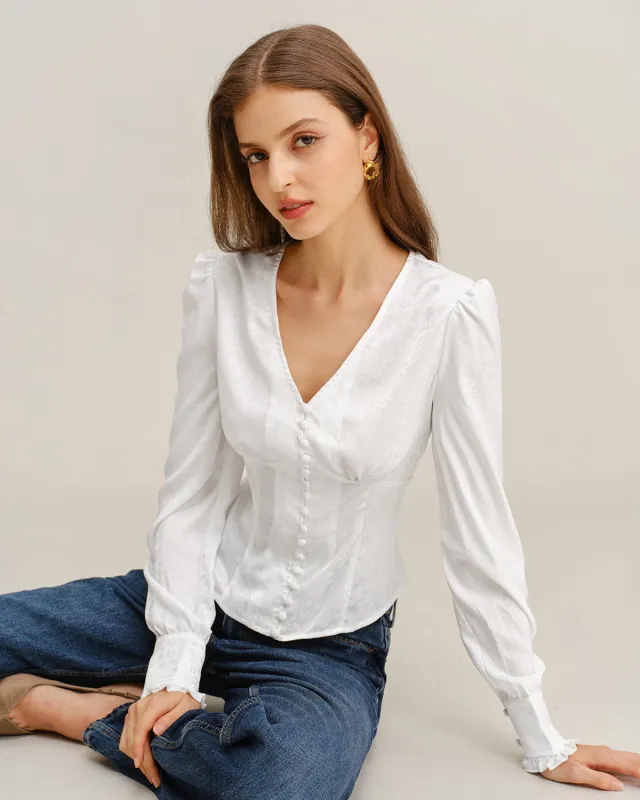 White Ruched V Neck Shirt sold by rihoas