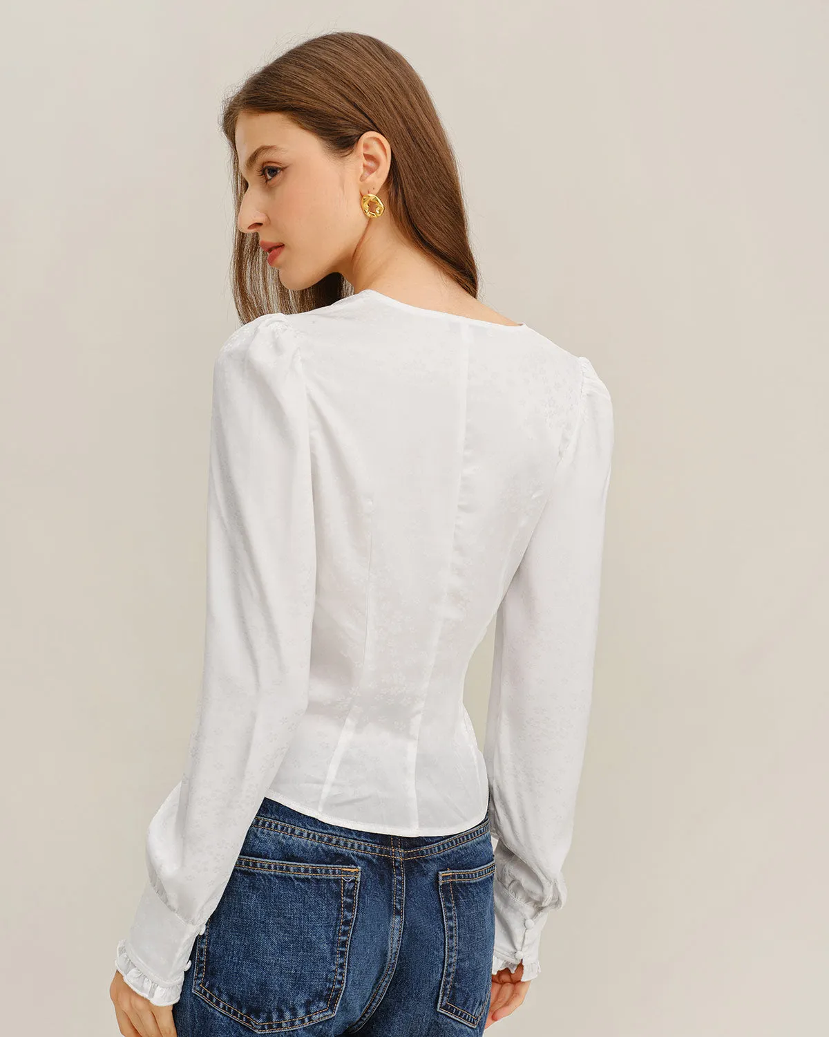 White Ruched V Neck Shirt sold by rihoas product image thumbnail 4
