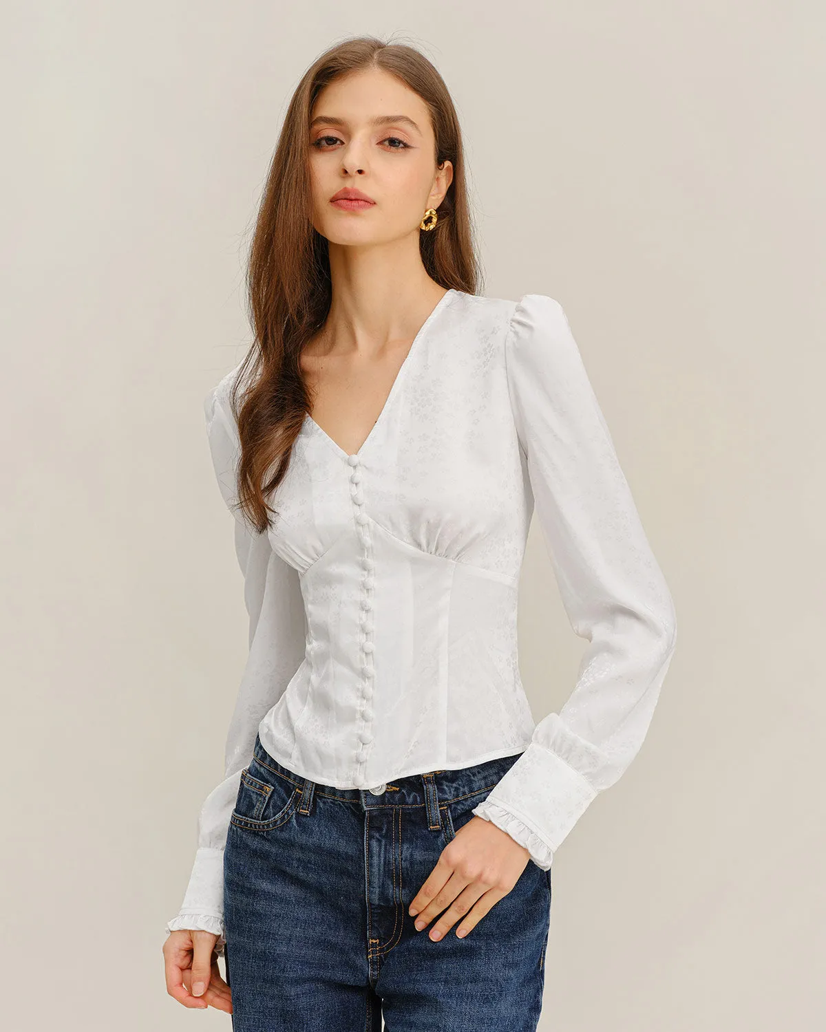 White Ruched V Neck Shirt sold by rihoas product image thumbnail 3