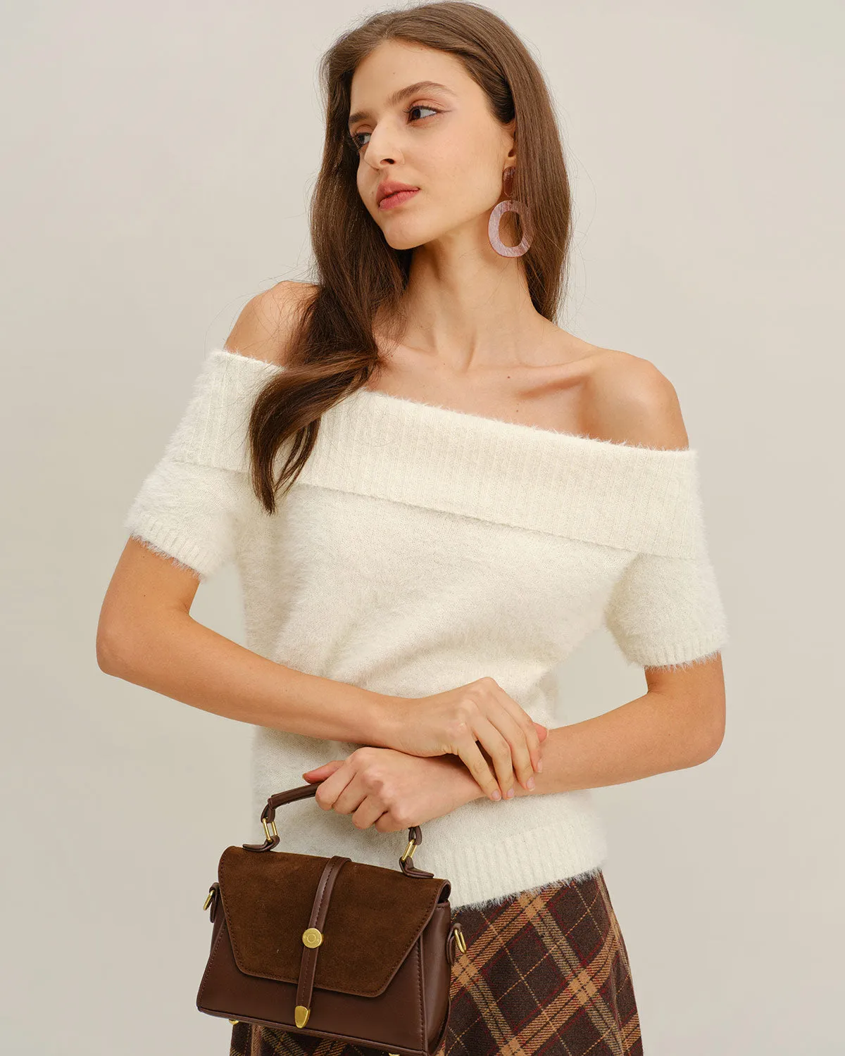 Beige Off The Shoulder Knit Tee sold by rihoas