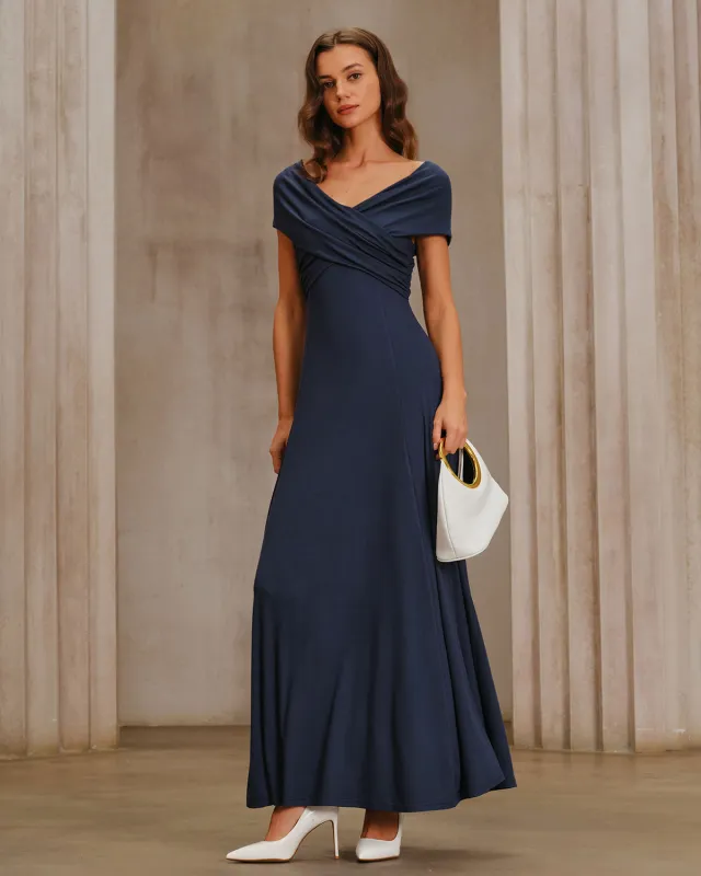 Navy V Neck Drop Shoulder A-Line Maxi Dress sold by rihoas
