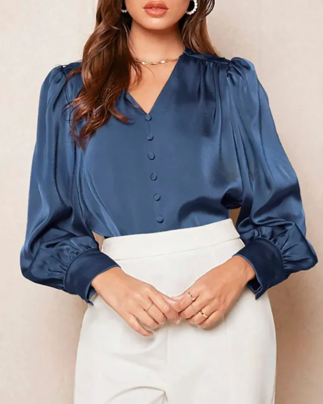 Blue Satin V Neck Loose Shirt sold by rihoas