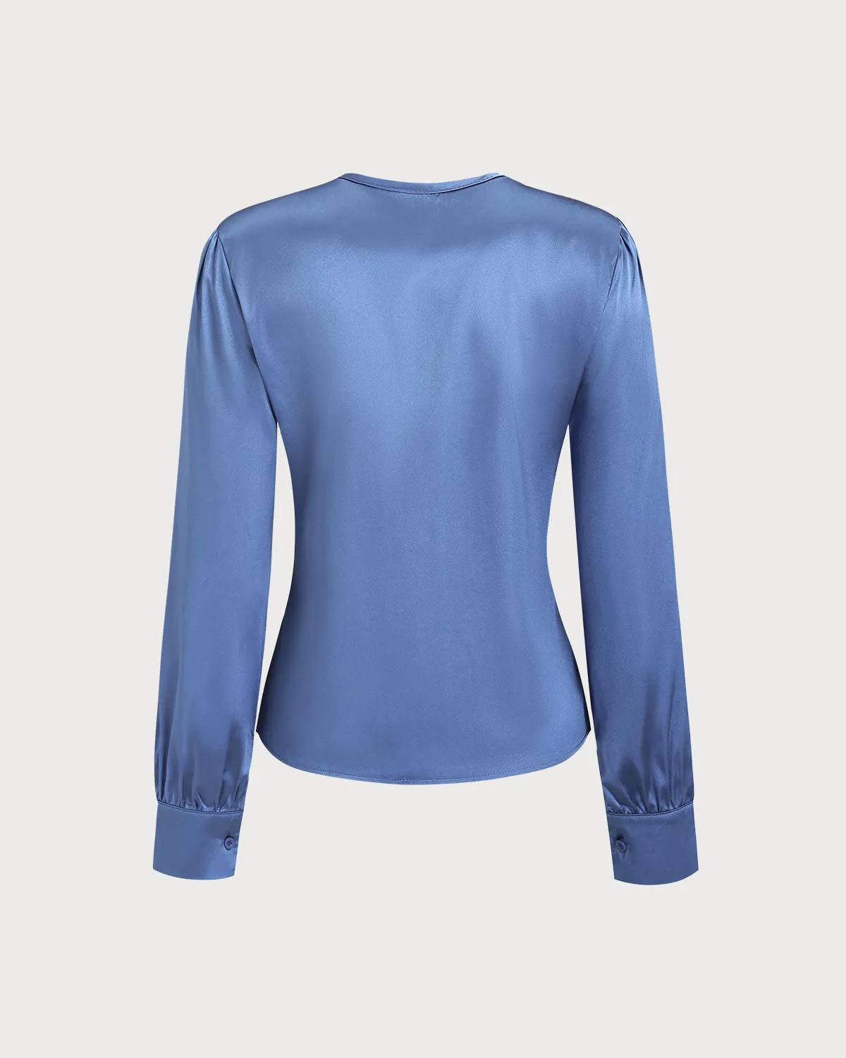 Blue Satin V Neck Loose Shirt sold by rihoas product image thumbnail 5