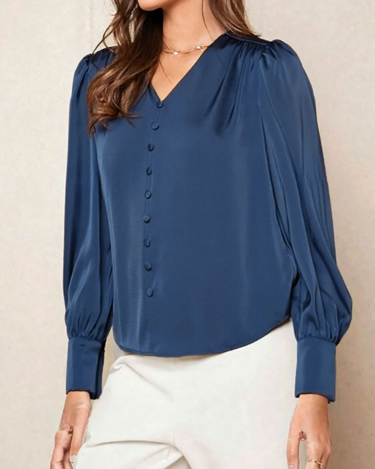 Blue Satin V Neck Loose Shirt sold by rihoas product image thumbnail 2