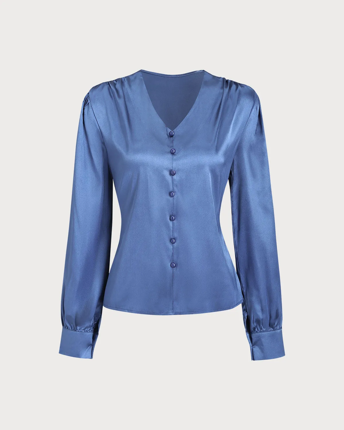 Blue Satin V Neck Loose Shirt sold by rihoas product image thumbnail 4