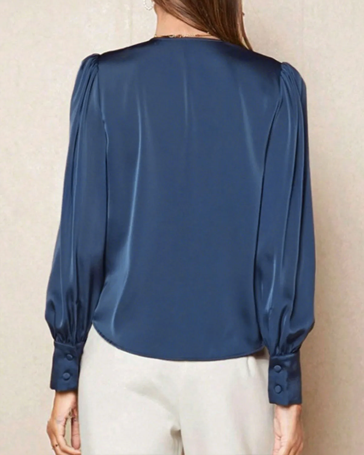 Blue Satin V Neck Loose Shirt sold by rihoas product image thumbnail 3
