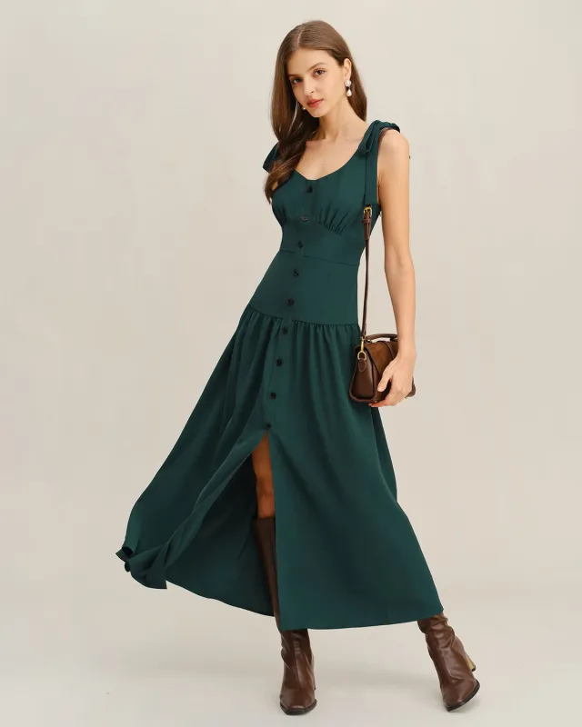 Green Ruched A-Line Sleeveless Maxi Dress sold by rihoas