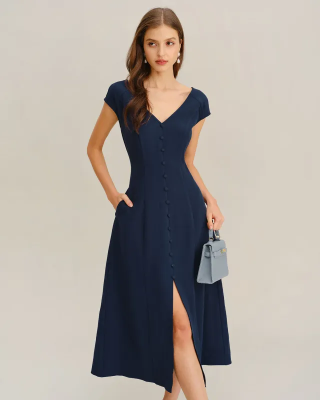 Navy Cap Sleeve A-Line Midi Dress sold by rihoas