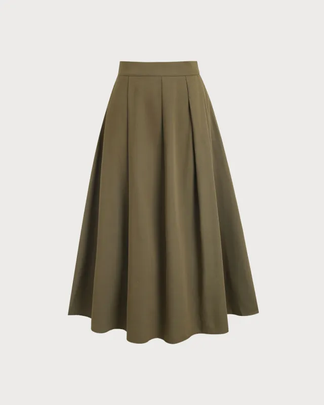 Army Green Pleated A-Line Midi Skirt sold by rihoas
