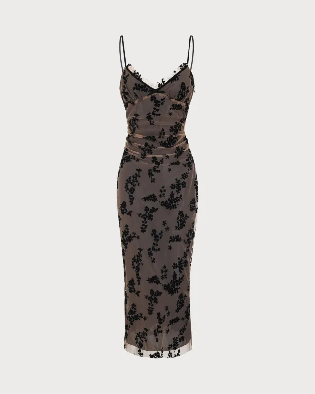 Coffee Floral A-Line Slip Midi Dress sold by rihoas
