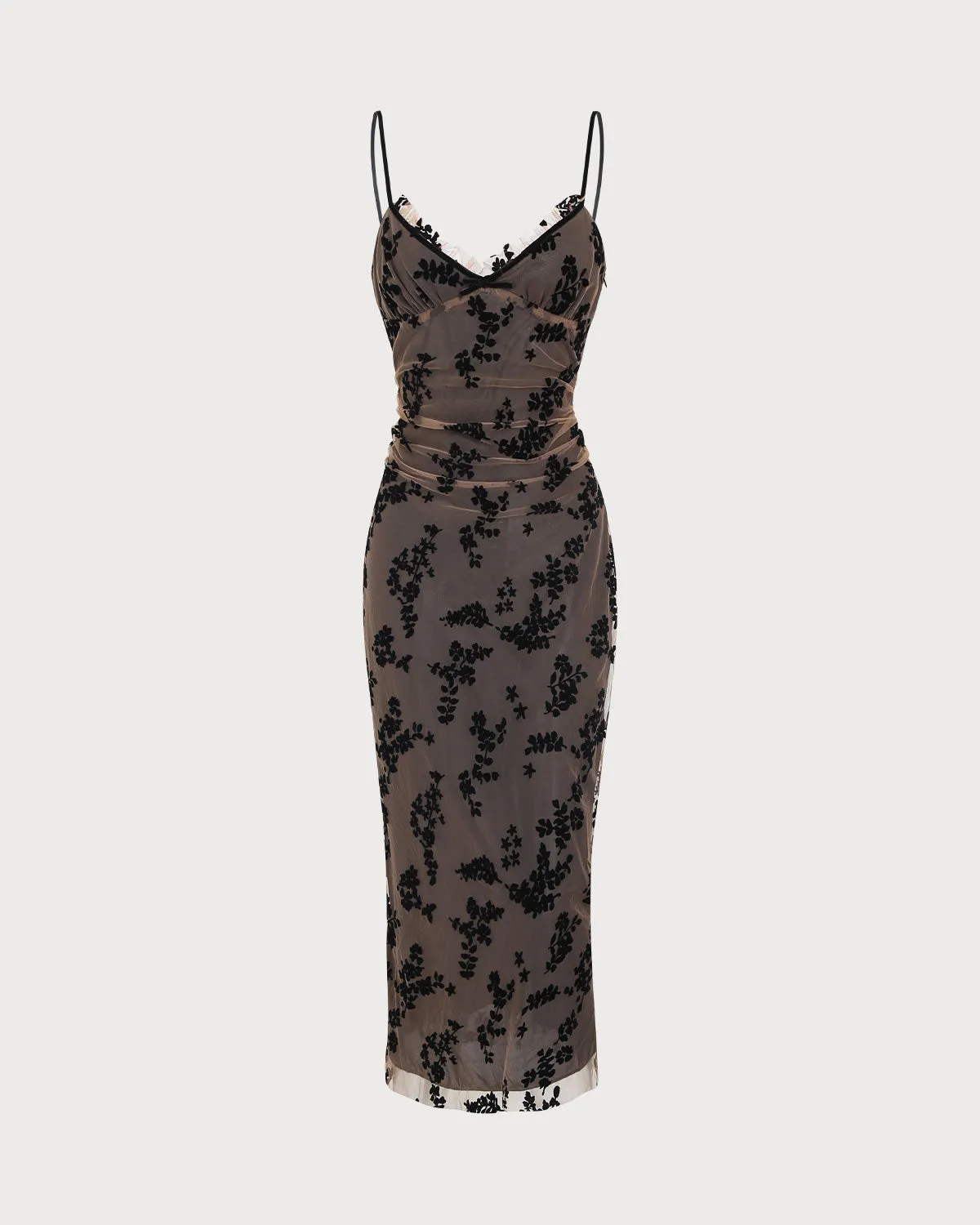 Coffee Floral A-Line Slip Midi Dress sold by rihoas