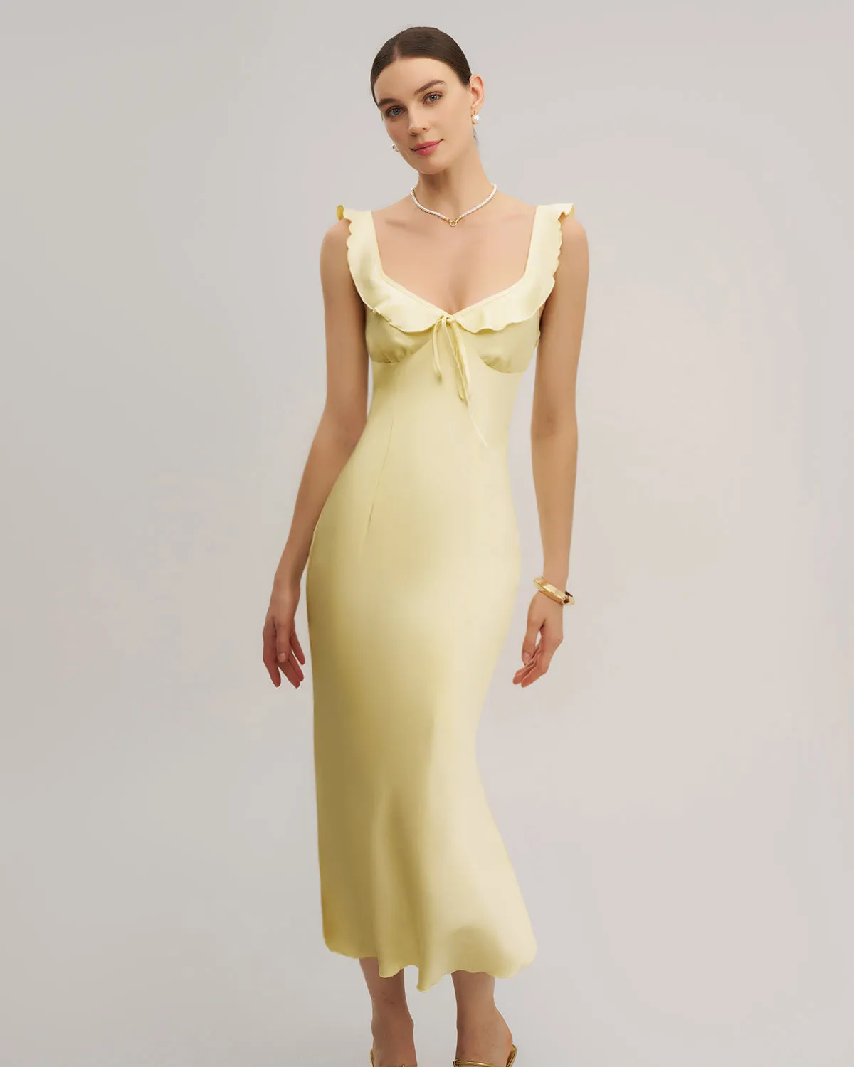 Yellow V Neck Ruffle Mermaid Midi Dress sold by rihoas product image thumbnail 2