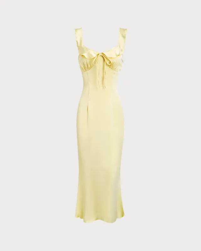Yellow V Neck Ruffle Mermaid Midi Dress sold by rihoas