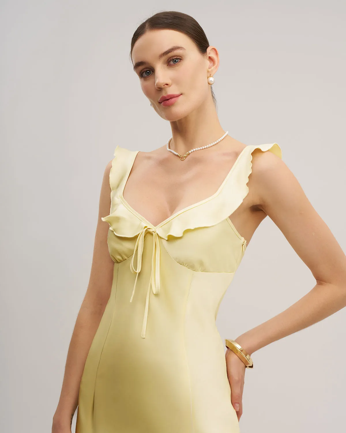 Yellow V Neck Ruffle Mermaid Midi Dress sold by rihoas product image thumbnail 4