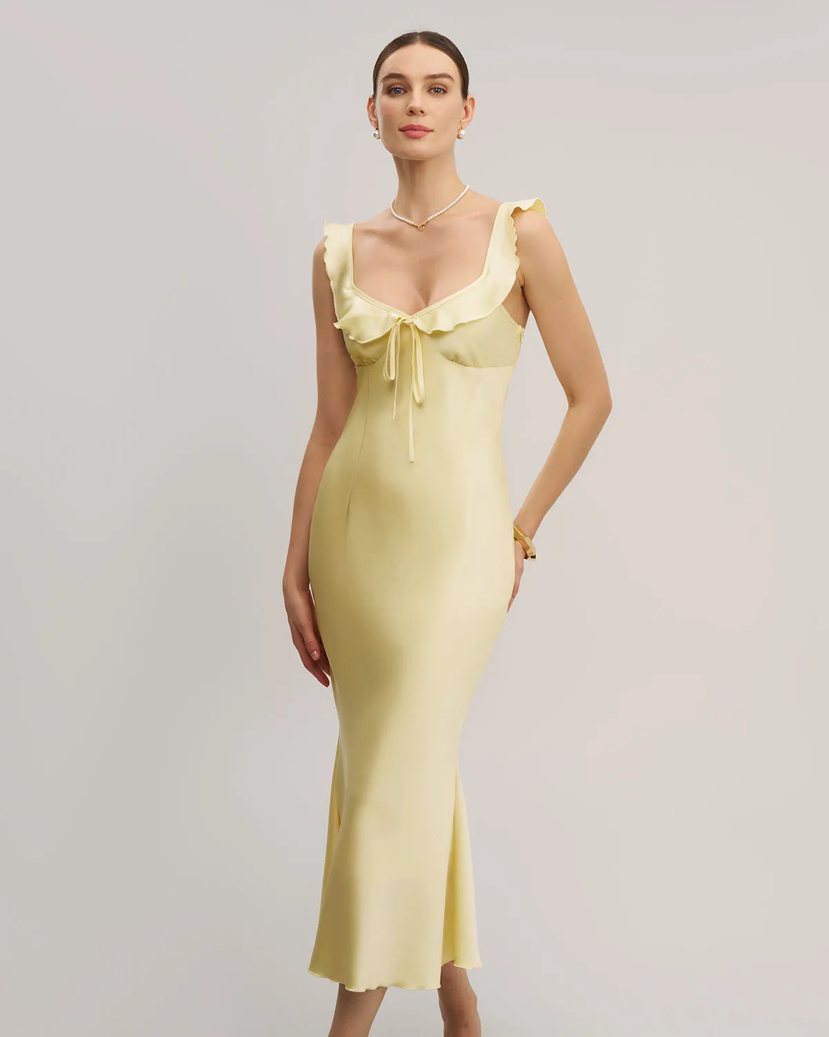 Yellow V Neck Ruffle Mermaid Midi Dress sold by rihoas product image thumbnail 5