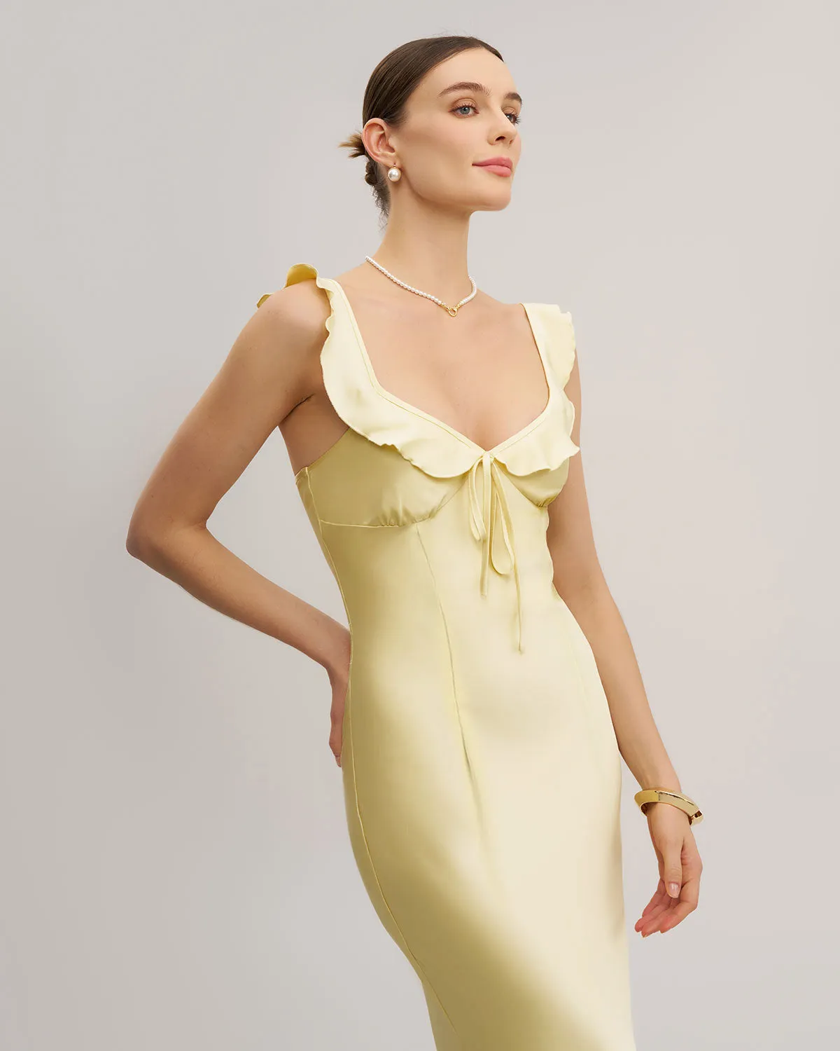 Yellow V Neck Ruffle Mermaid Midi Dress sold by rihoas product image thumbnail 3