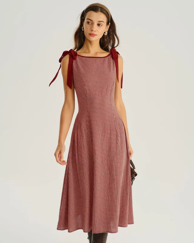 Red Plaid Tie Strap A-Line Midi Dress sold by rihoas