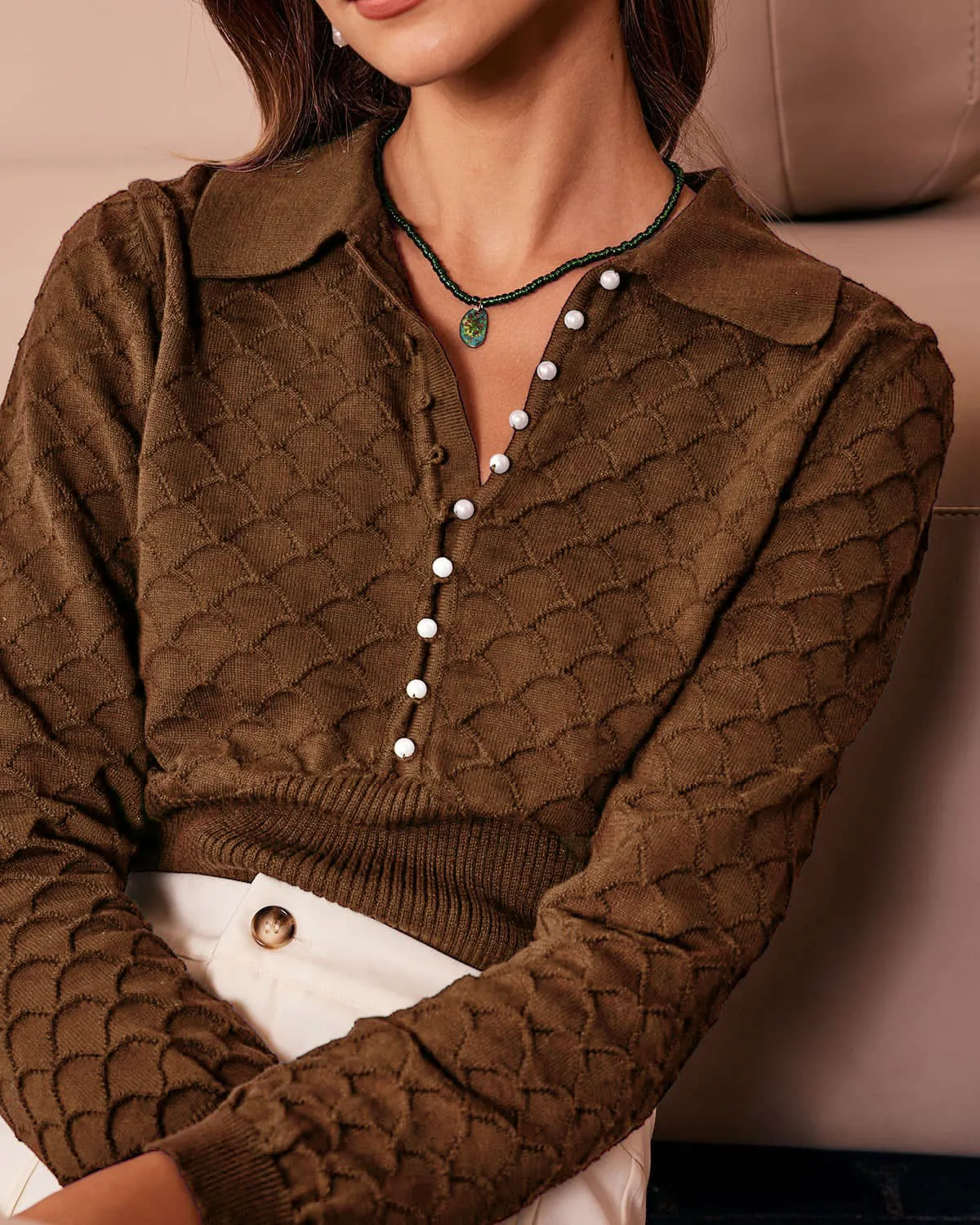 Brown Pearl Buttons Knit Tee sold by rihoas product image thumbnail 2