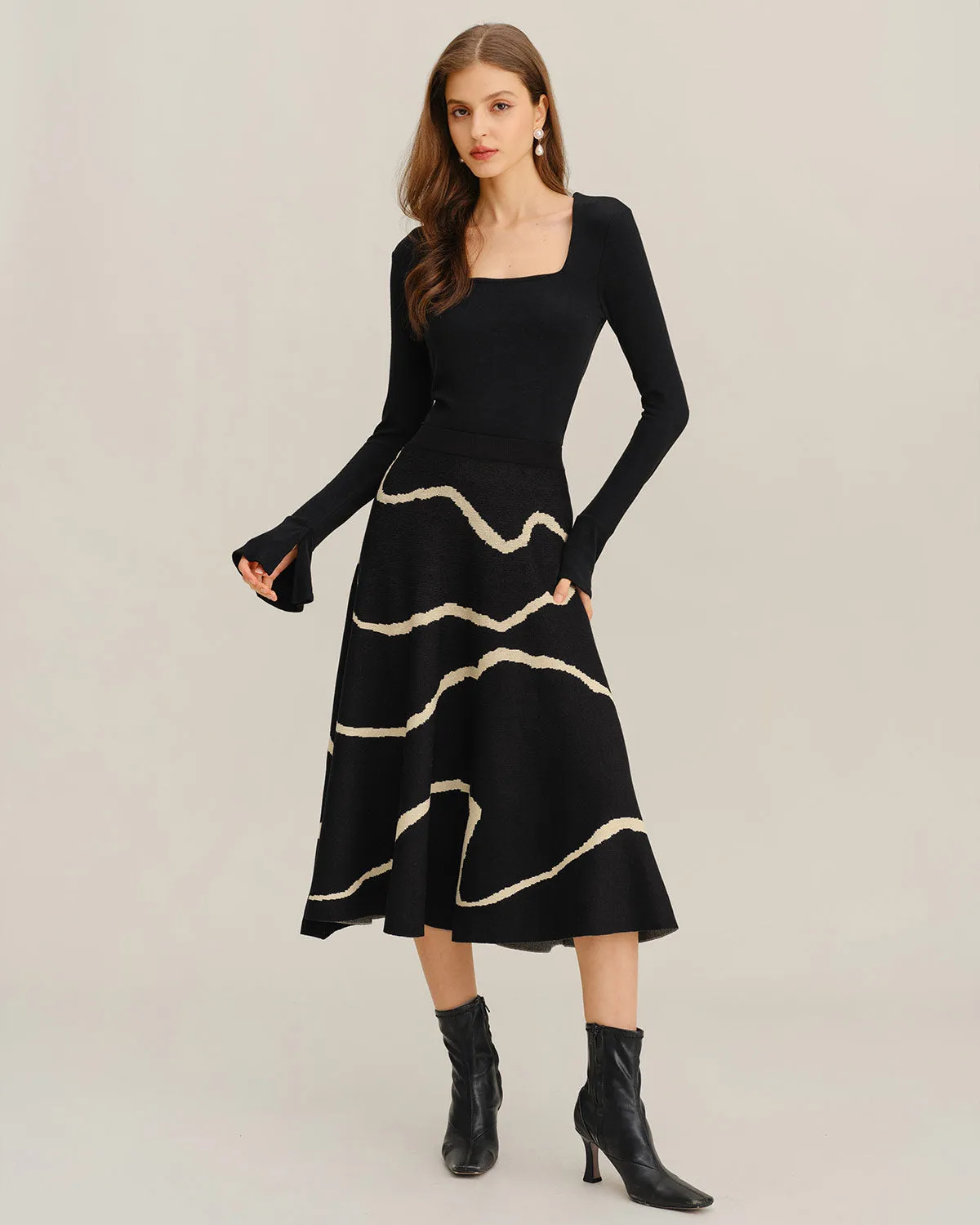 Black Geometric Elastic Waist Midi Skirt sold by rihoas product image thumbnail 3