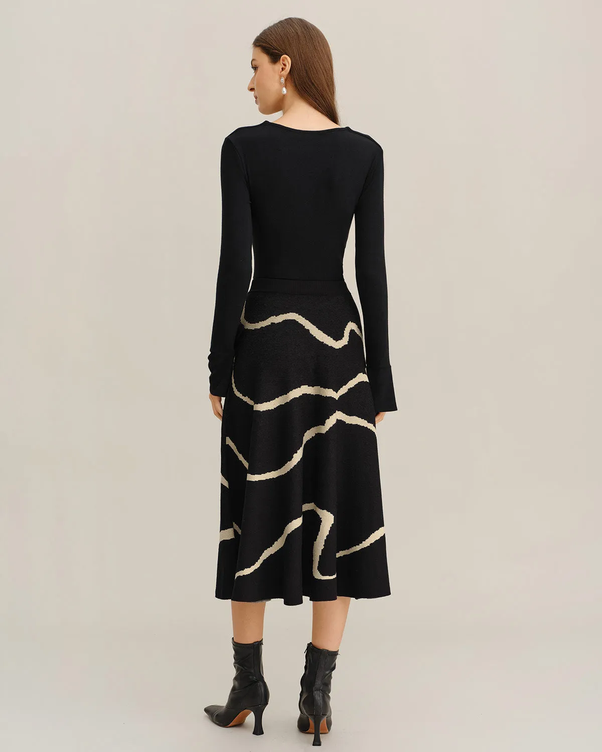 Black Geometric Elastic Waist Midi Skirt sold by rihoas product image thumbnail 4