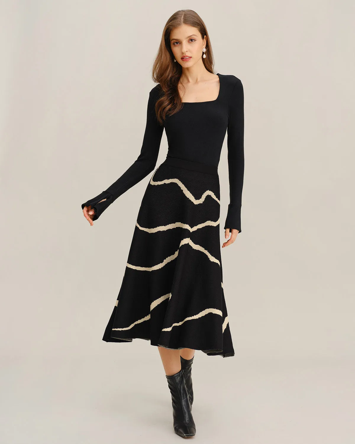 Black Geometric Elastic Waist Midi Skirt sold by rihoas product image thumbnail 2