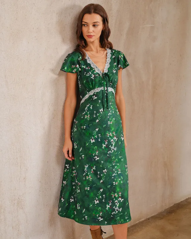 Green Floral V Neck Ruched Midi Dress sold by rihoas