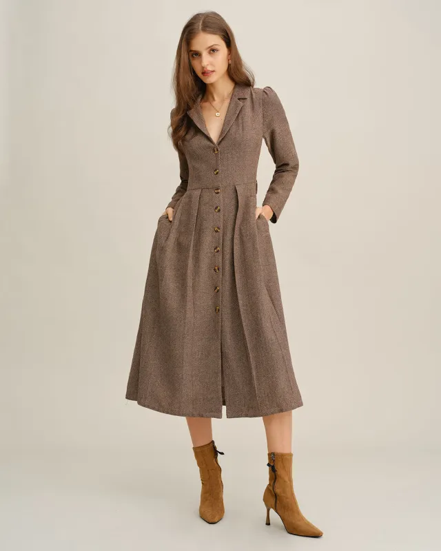 Brown A-Line Pleated Midi Dress sold by rihoas