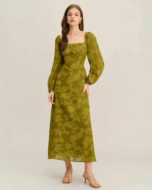 Green Floral Square Neck A-Line Maxi Dress sold by rihoas