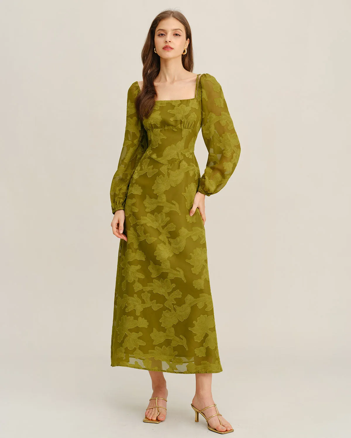 Green Floral Square Neck A-Line Maxi Dress sold by rihoas