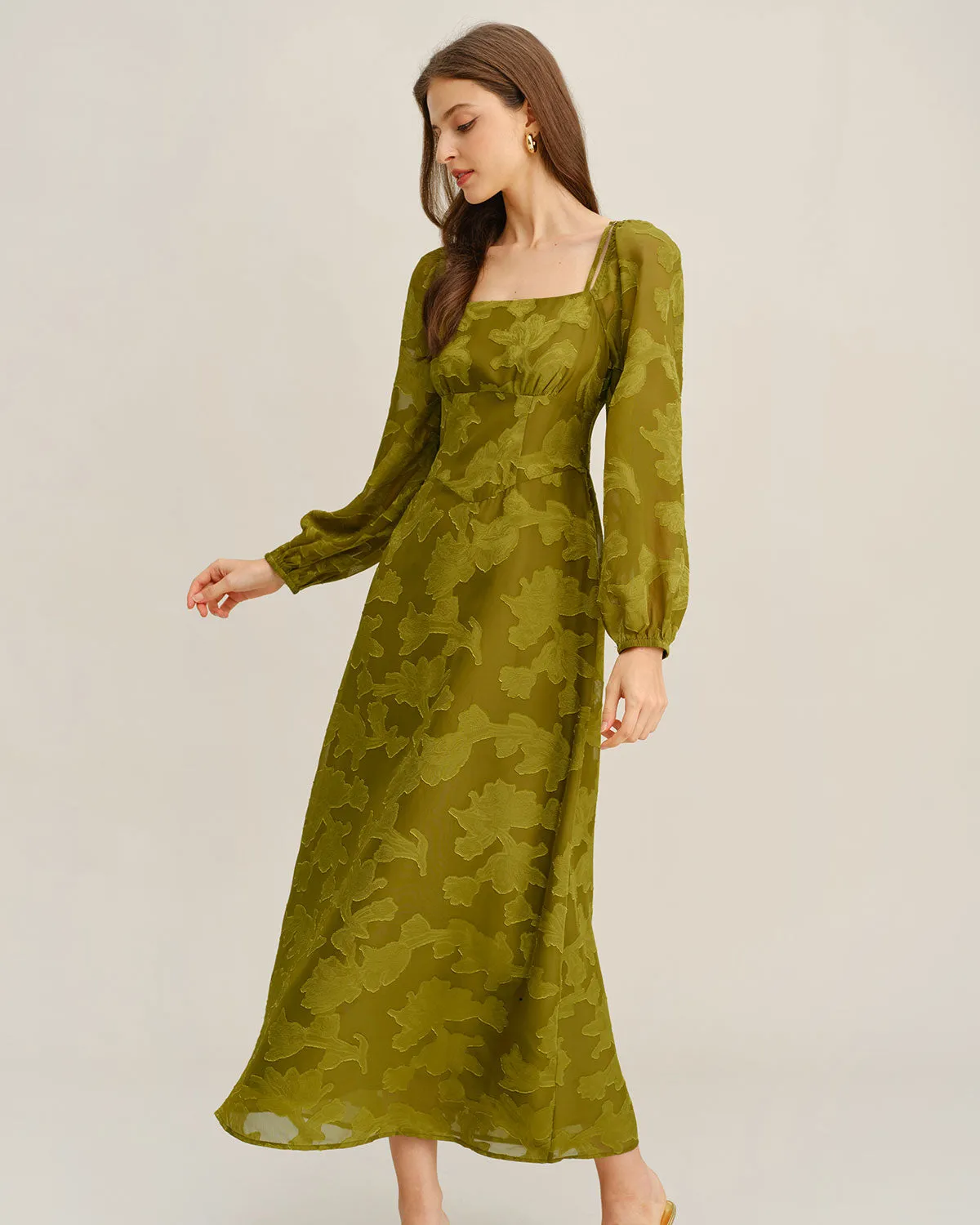 Green Floral Square Neck A-Line Maxi Dress sold by rihoas product image thumbnail 4