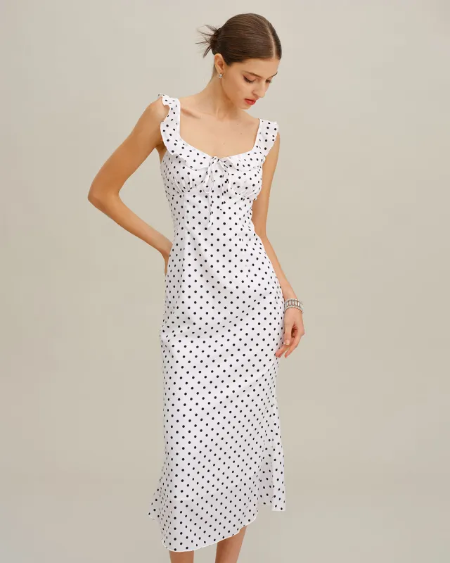 White Polka Dot Ruffle Midi Dress sold by rihoas