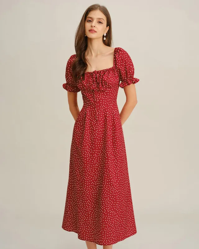 Red Polka Dot A-Line Square Neck Midi Dress sold by rihoas