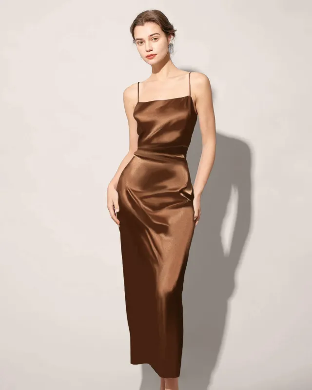 Coffee Satin Slip Maxi Dress sold by rihoas