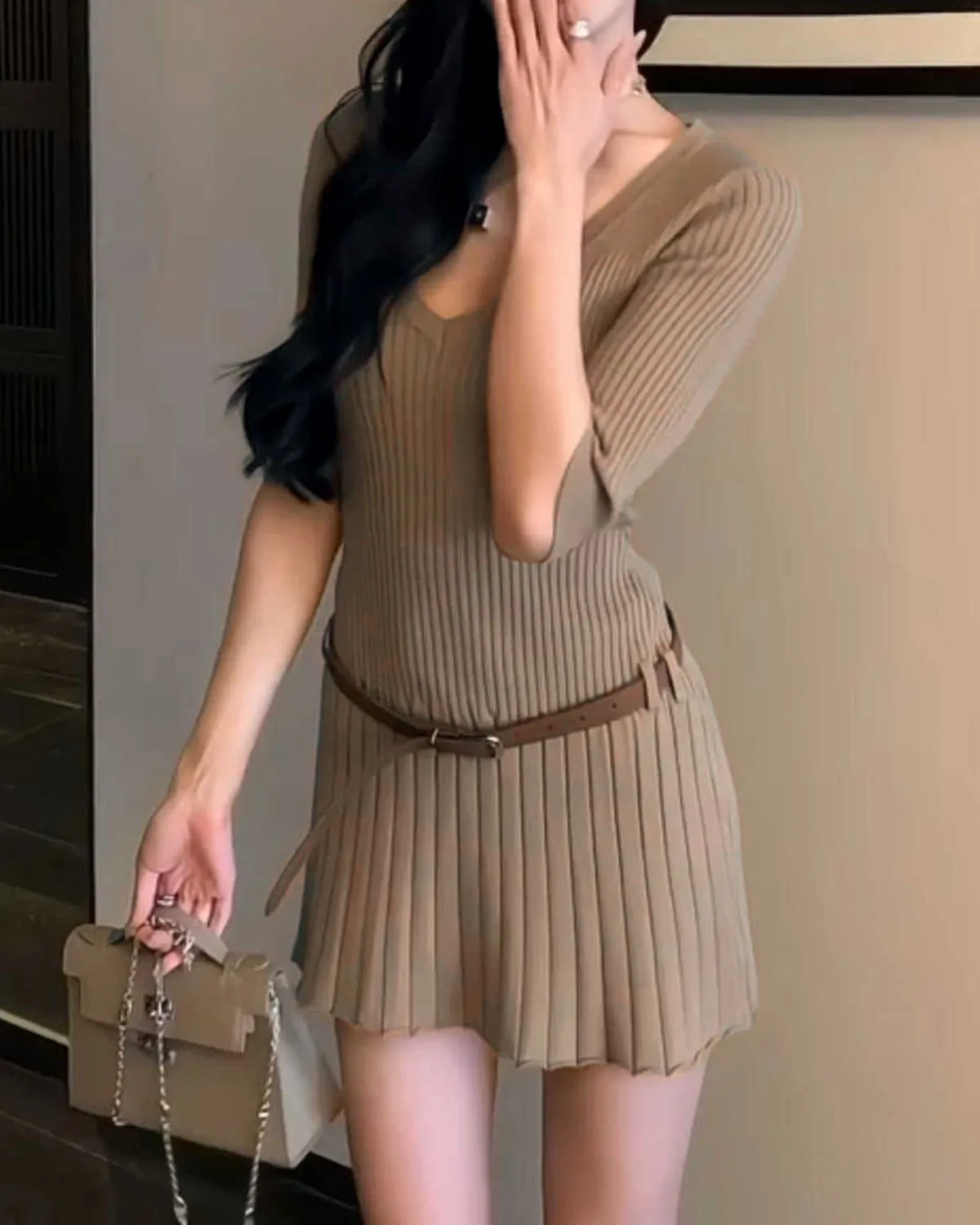 Khaki V Neck A-Line Sweater Dress sold by rihoas product image thumbnail 3