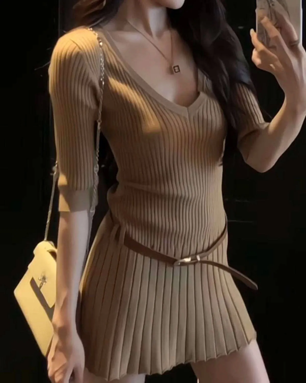 Khaki V Neck A-Line Sweater Dress sold by rihoas product image thumbnail 2