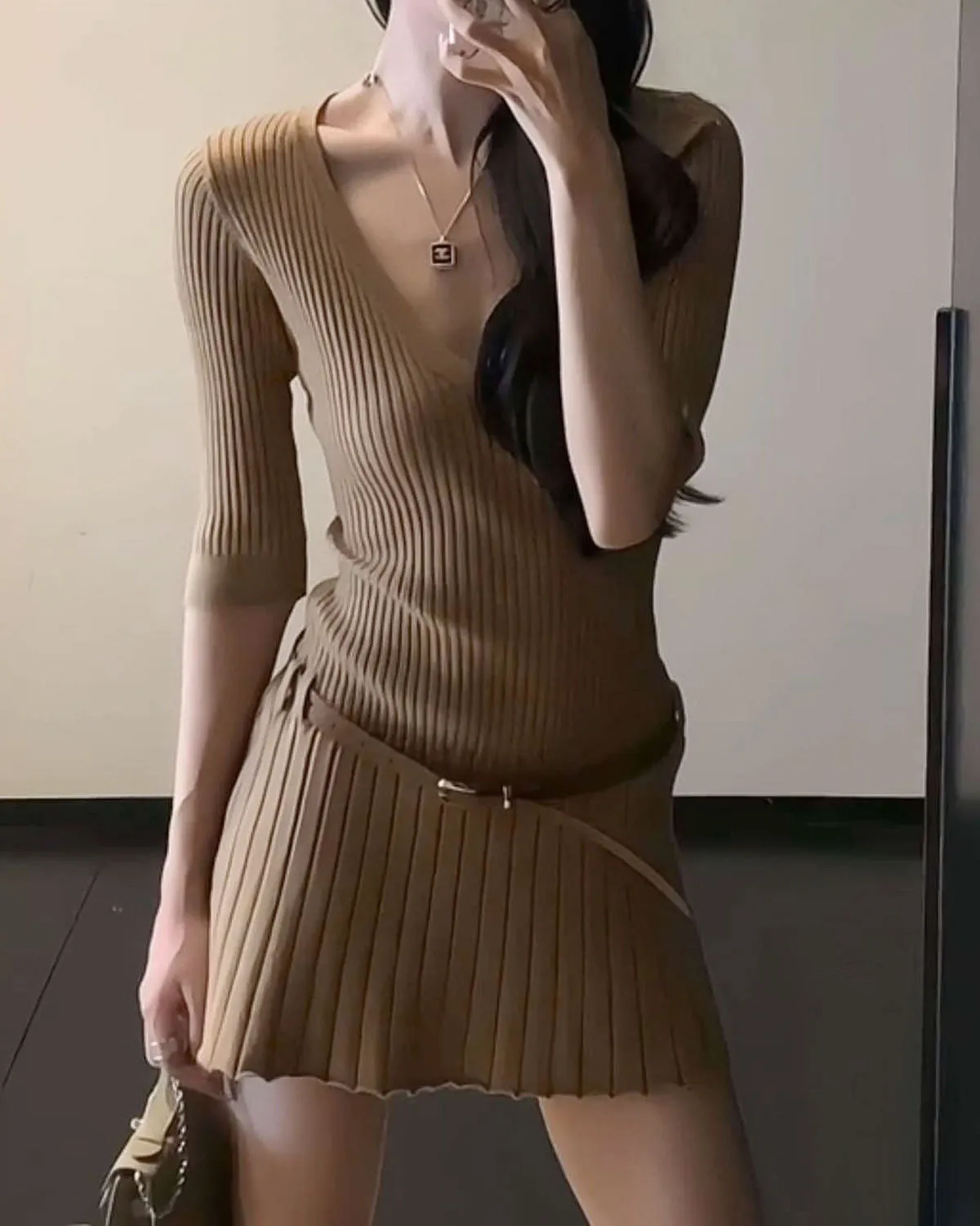Khaki V Neck A-Line Sweater Dress sold by rihoas
