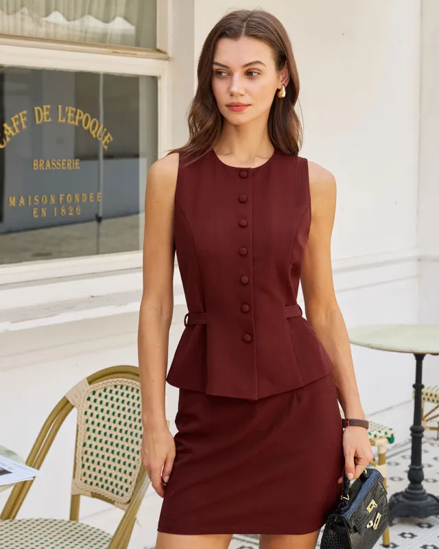 Wine Red Button Belted Vest sold by rihoas