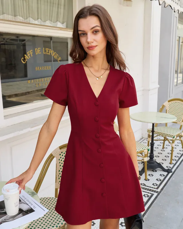 Red Button A-Line Mini Dress sold by rihoas