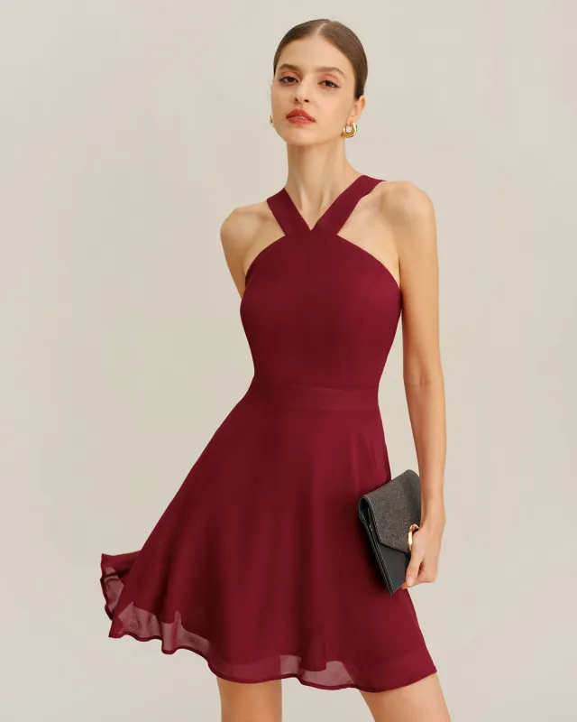 Wine Red Chiffon A-Line Sleeveless Mini Dress sold by rihoas
