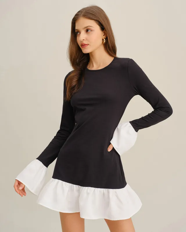 Black Contrasting A-Line Ruffle Mini Dress sold by rihoas