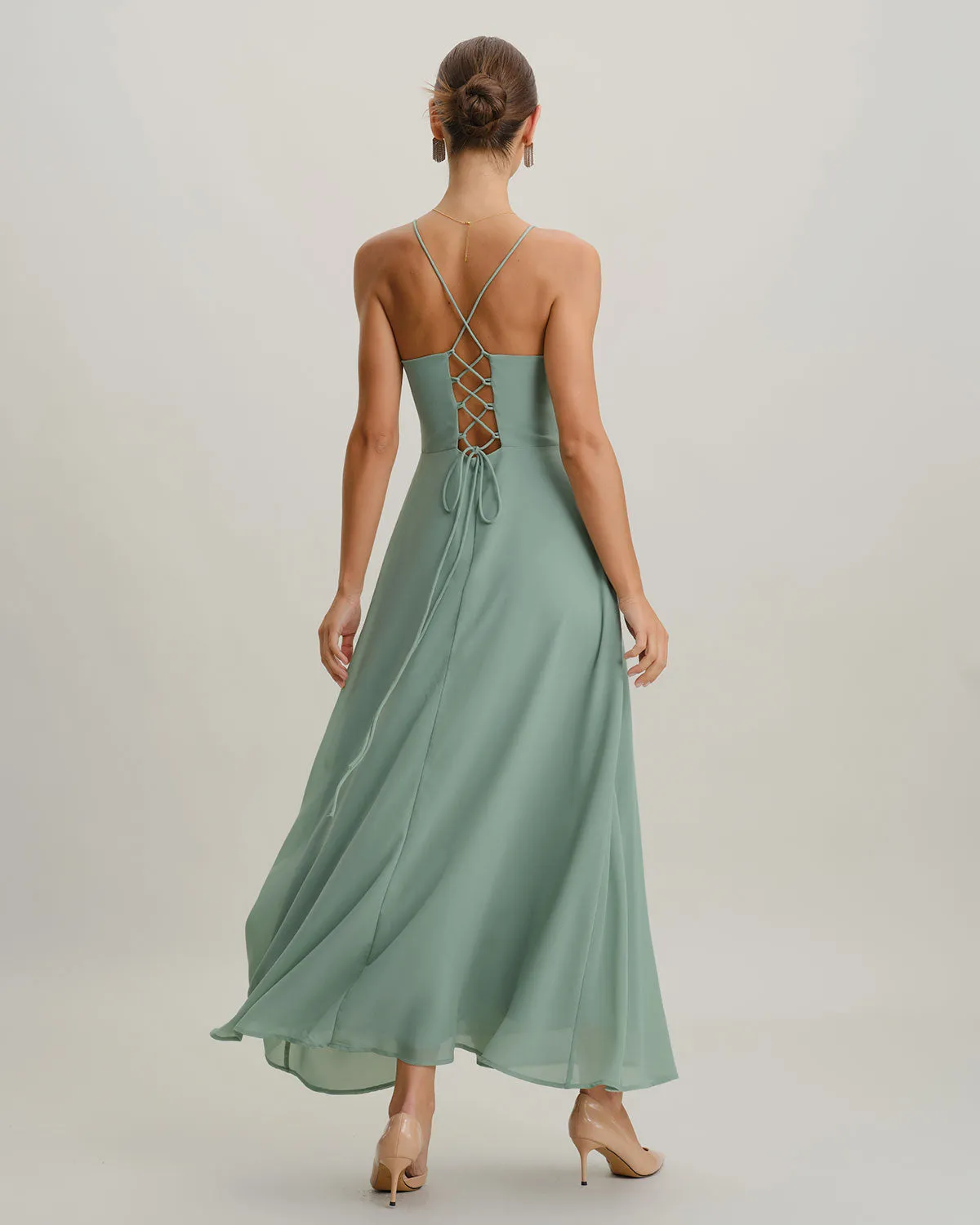 Green A-Line Backless Slip Maxi Dress sold by rihoas product image thumbnail 5