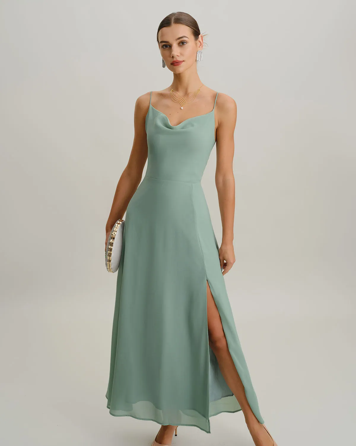 Green A-Line Backless Slip Maxi Dress sold by rihoas product image thumbnail 4
