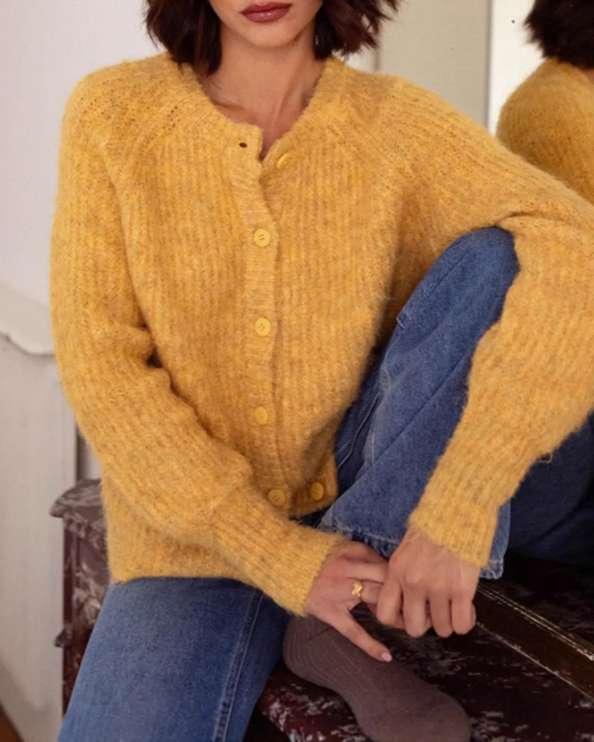 Yellow Single Breasted Knit Cardigan sold by rihoas