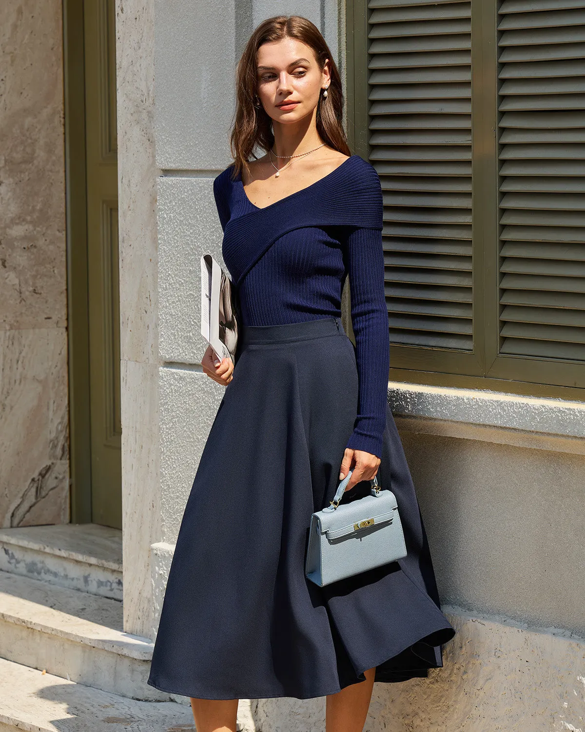 Navy A-Line Pocket Midi Skirt sold by rihoas product image thumbnail 4