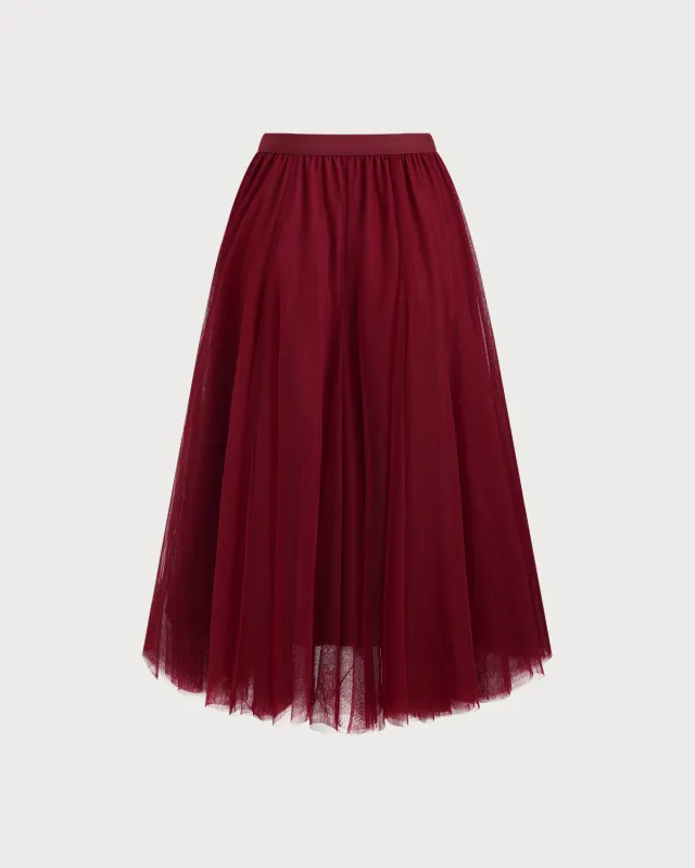 Red Elastic Waist Mesh Midi Skirt sold by rihoas