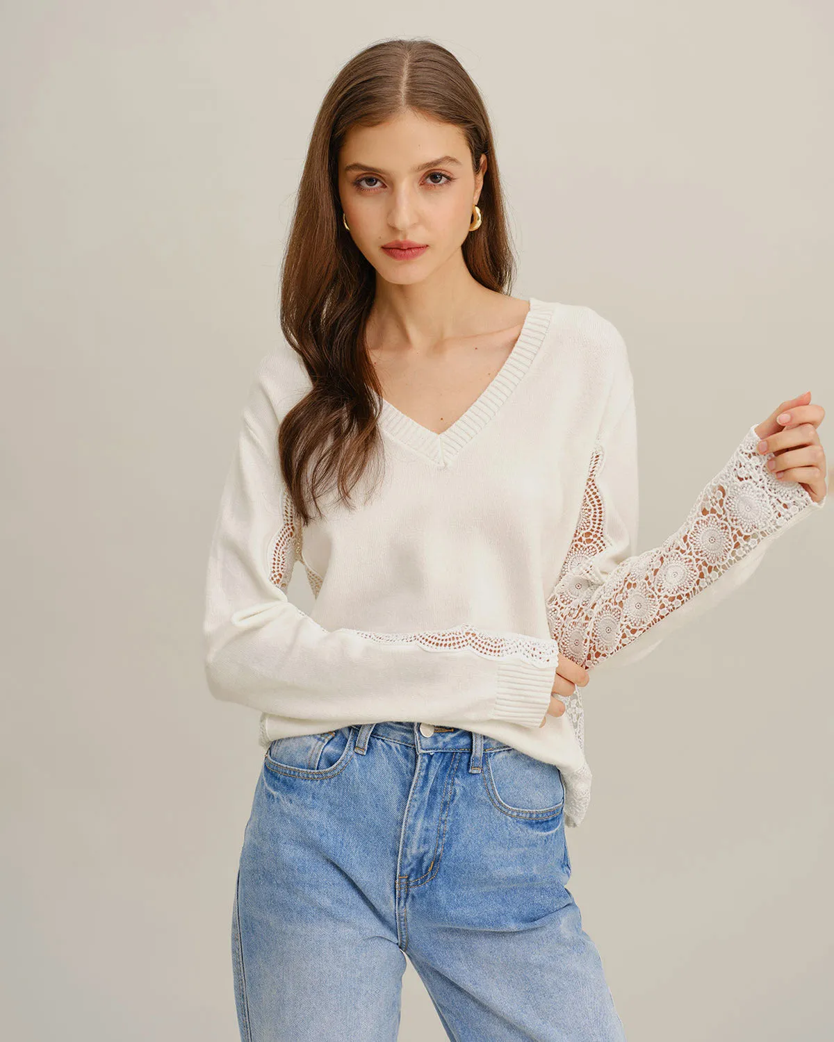 White V Neck Lace Splicing Sweater sold by rihoas product image thumbnail 4