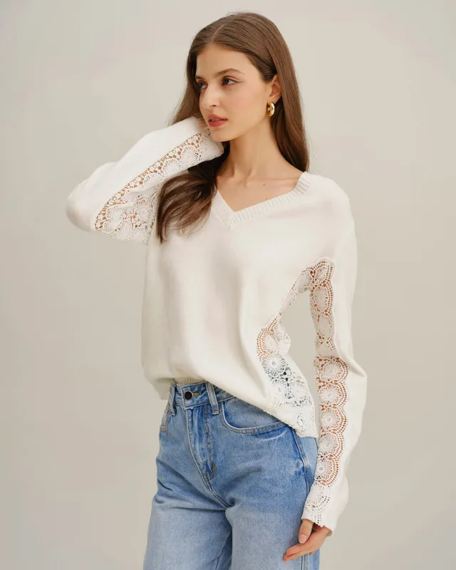 White V Neck Lace Splicing Sweater sold by rihoas