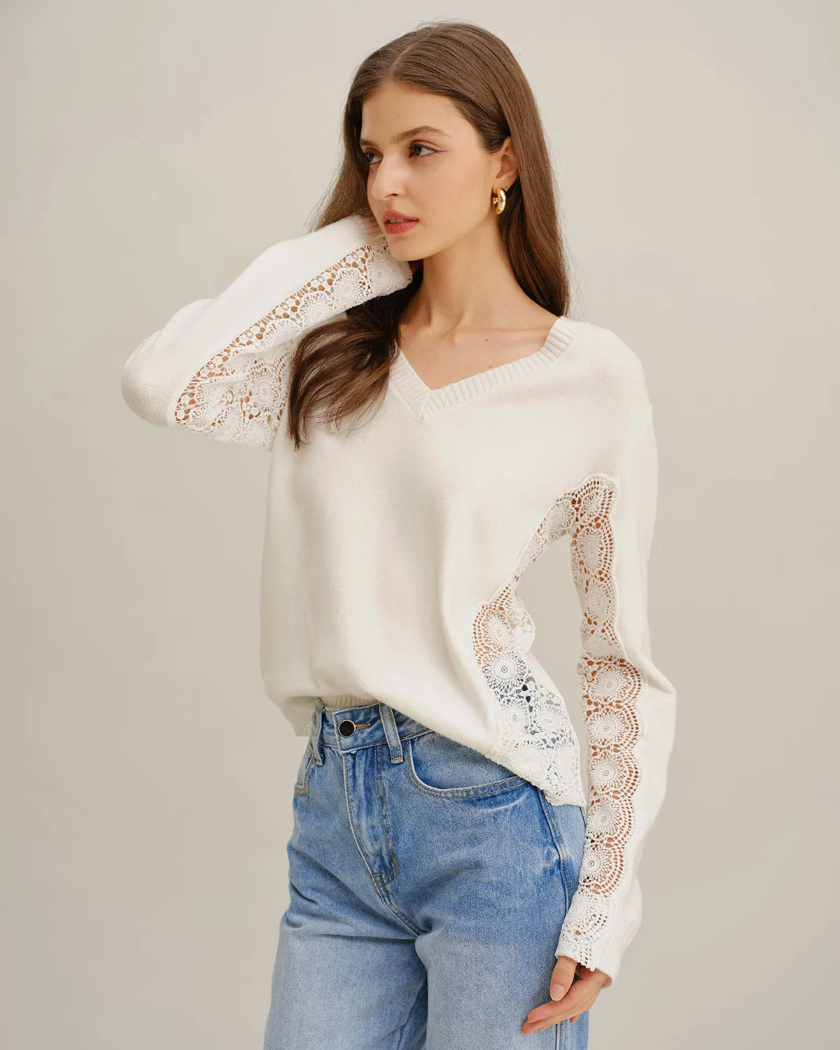 White V Neck Lace Splicing Sweater sold by rihoas