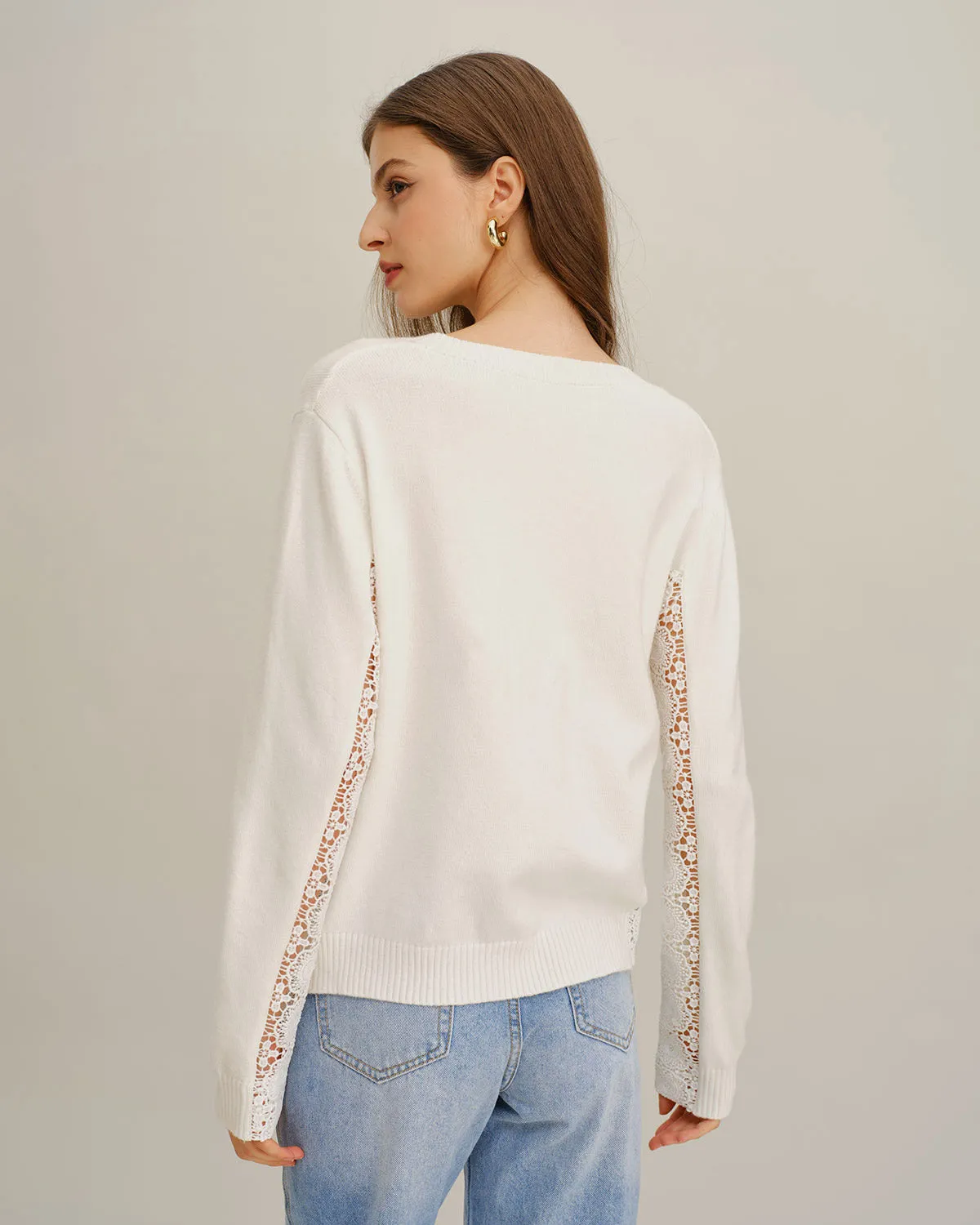 White V Neck Lace Splicing Sweater sold by rihoas product image thumbnail 5