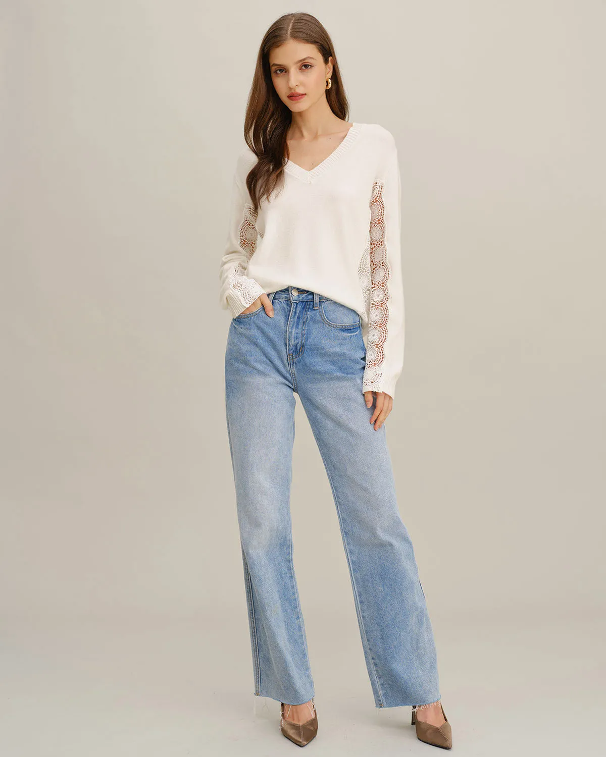 White V Neck Lace Splicing Sweater sold by rihoas product image thumbnail 2